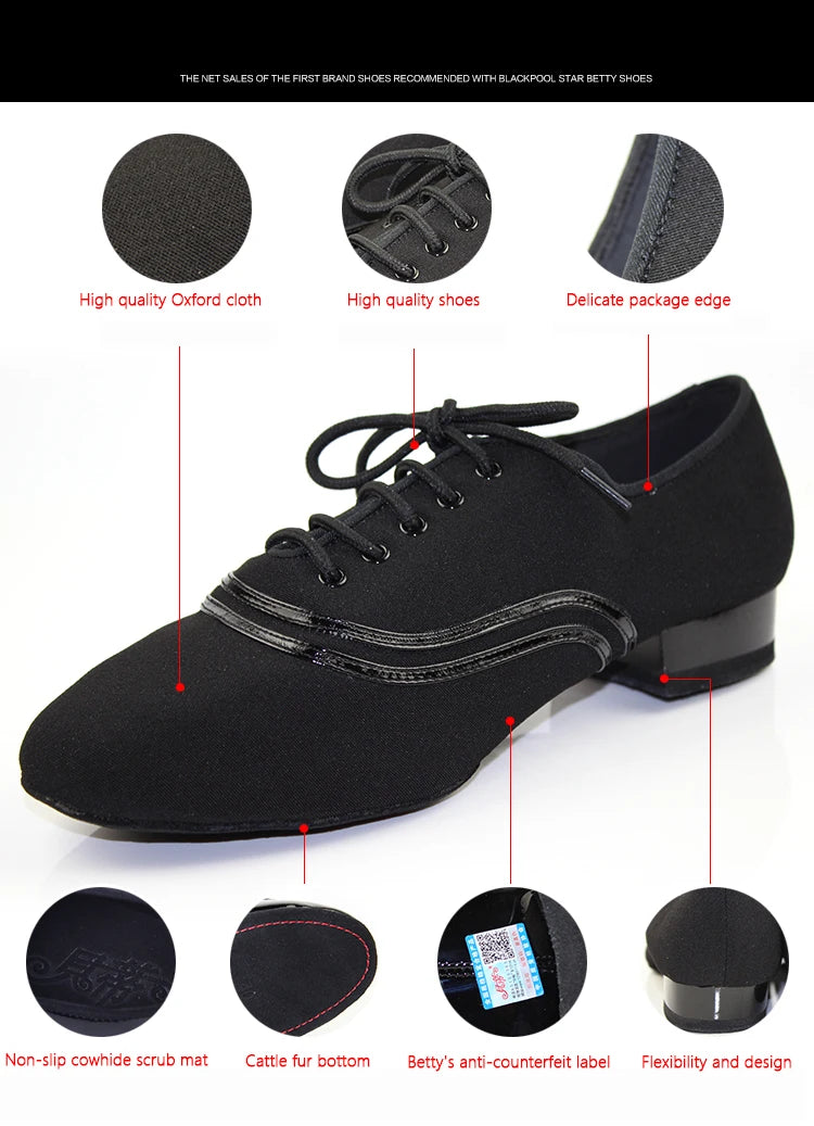 TOP Dance Shoes Latin Modern Men's Shoes Cowhide Two-point Sole Wear-resistant Oxford Cloth Upper Authentic Lace Up Ballroom
