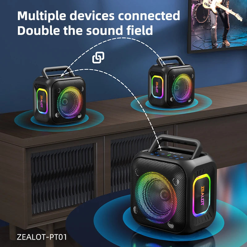 ZEALOT PT01 30W Portable Speaker with Lights Stereo Sound IPX6 Waterproof Speaker with Handle for Home, Party, Outdoor, Travel