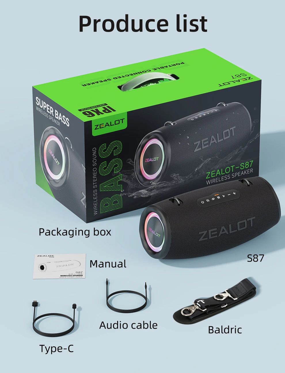 Zealot S87 Outdoor Party Speaker Professional Bluetooths 80W Bass Powered Portable Subwoofer Wireless RGB LED Light Hifi Speaker