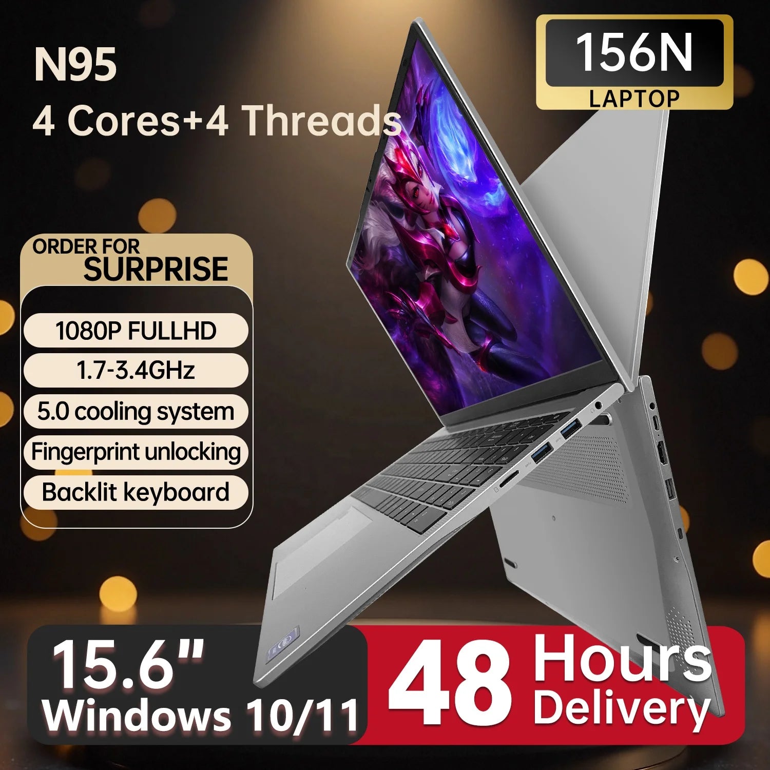 New Top Selling 15.6 Inch Intel N95 OEM Performance Gaming Laptop 16GB+512GB SSD 6000MAH English Slim Portable