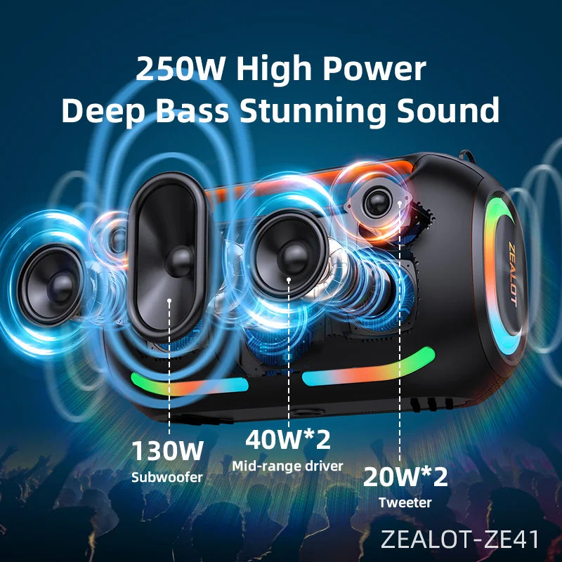 ZEALOT ZE41 250W Portable Speaker IPX6 Waterproof Speaker with RGB Light, OTG, EQ, APP, Powerful Bass Outdoor Speaker for Party