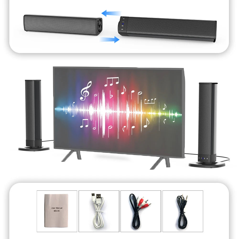 Sound Bars for TV, Wireless Speaker with FM Detachable Soundbar Home Theater Surround Sound System TF Card/Aux/RCA Connection