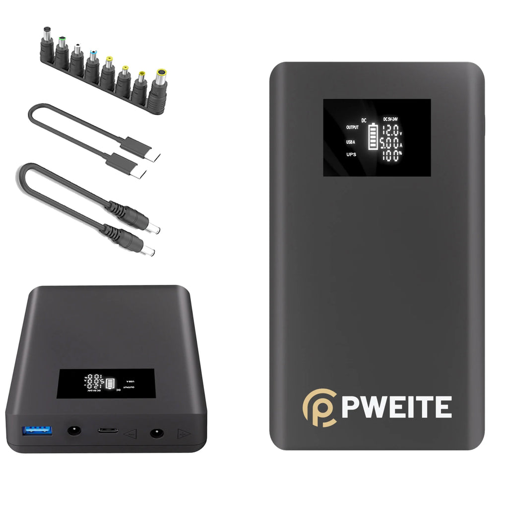 PWEITE DC UPS Power Bank 12V 3A PD 100W DC Output 15V 19V 20V 24V 12V 3.75A 4A 5A PowerBank for Wifi Router Laptop CPAP Dashcam
