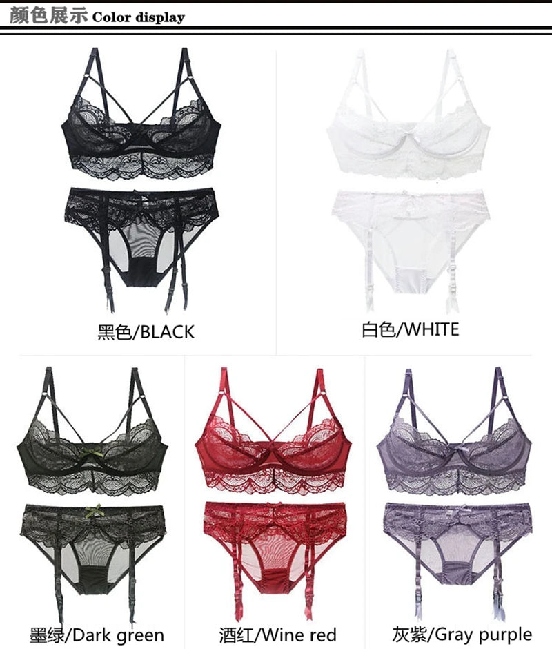 2021 New Ultra-Thin Thick Bra Panty Sets 34/75 36/80 38/85 40/90 42/95 BCD Cup Embroidery Female Underwear Plus Size Lingerie