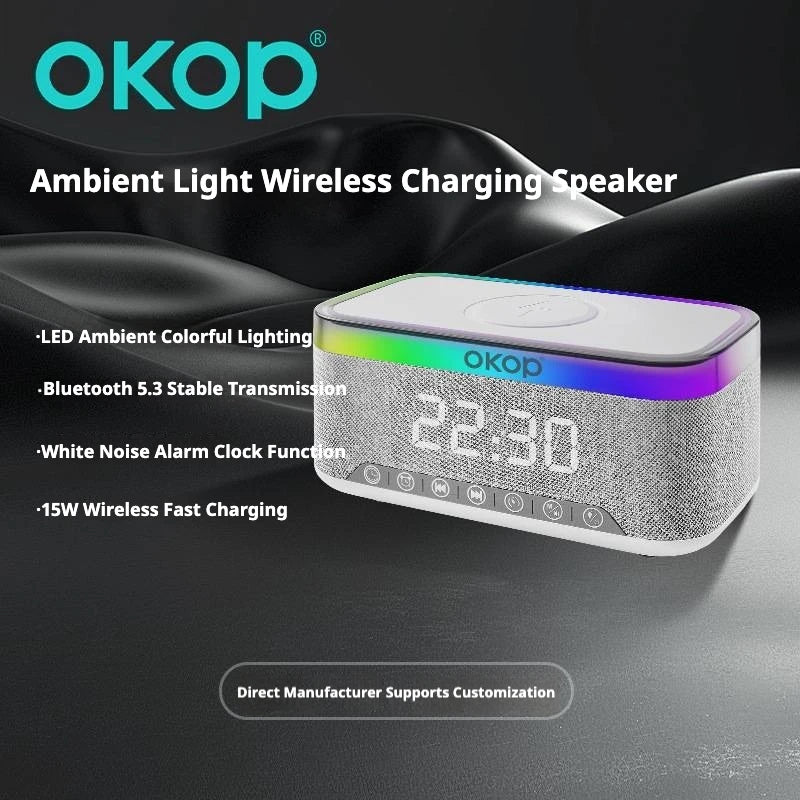 OKOP559 wholesale 15W Wireless Charging Alarm Clock RGB Ambient Light White Noise  Speaker Computer Mobile Phone home