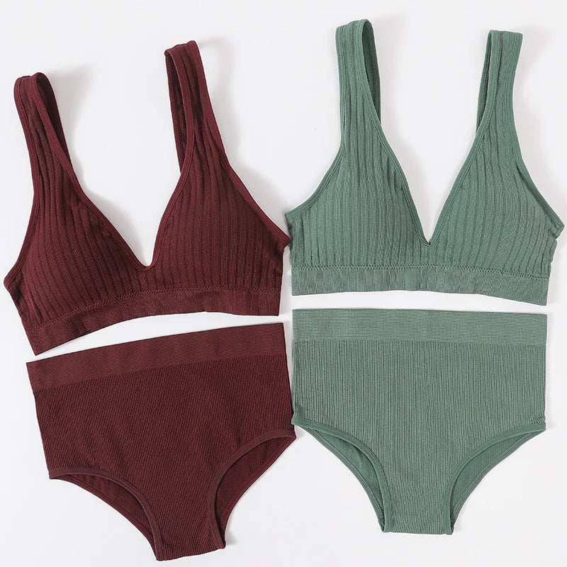 Women's Underwear Set Seamless Bra And Panties Set Female Wirefree Brassiere Sports High Waist Briefs V Neck Sexy Lingerie