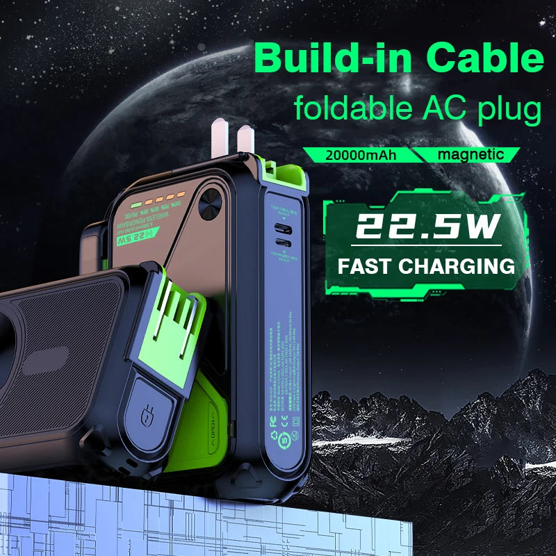 AC Plug Charge 10000mAh Li-Polymer Magnetic Power Bank with Foldable Holder 20W Fast Charging for Laptops
