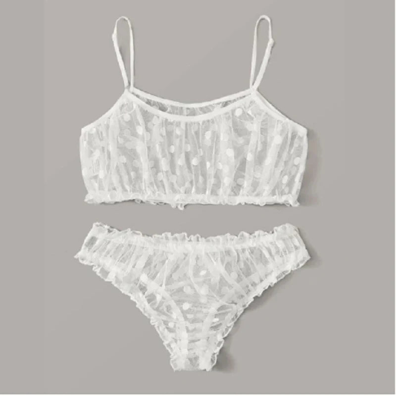 Sexy Ladies Bra sets Polka Dot Mesh Sexy Lingerie Comfortable Thin Bra and Panty set Ruffles Transparent Women's Underwear Panty
