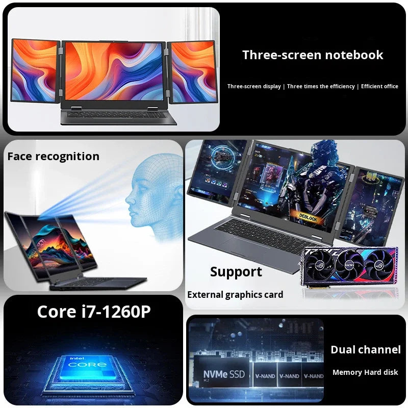 New Three-Screen Metal Laptop Core I7 English Stock Trading Computer Foldable Extended Screen Portable Office Finance