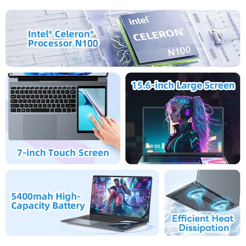 Intel N100 New 15 Inch + 7 Inch Double Monitor Intel Celeron Backlit Keyboard Dual Screen Touch Office Business Laptop