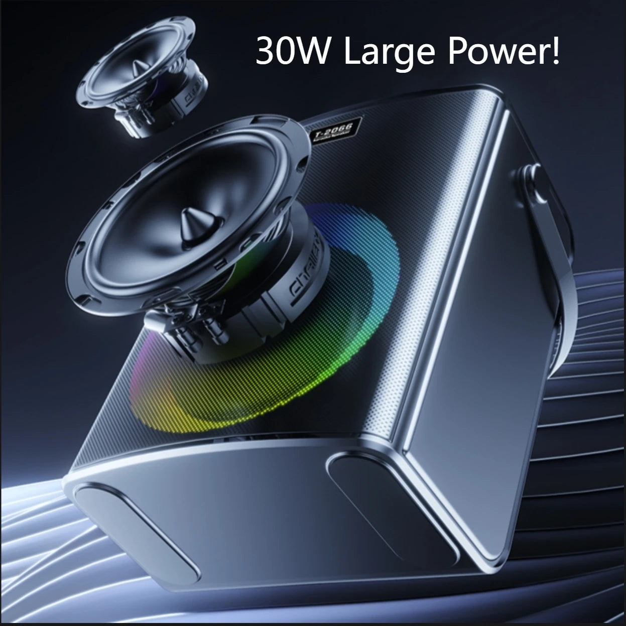 Portable Bluetooth speaker, Karaoke machine, 30W, Super LED RGB lighting effect, with 2 wireless microphones and 5 sound effects
