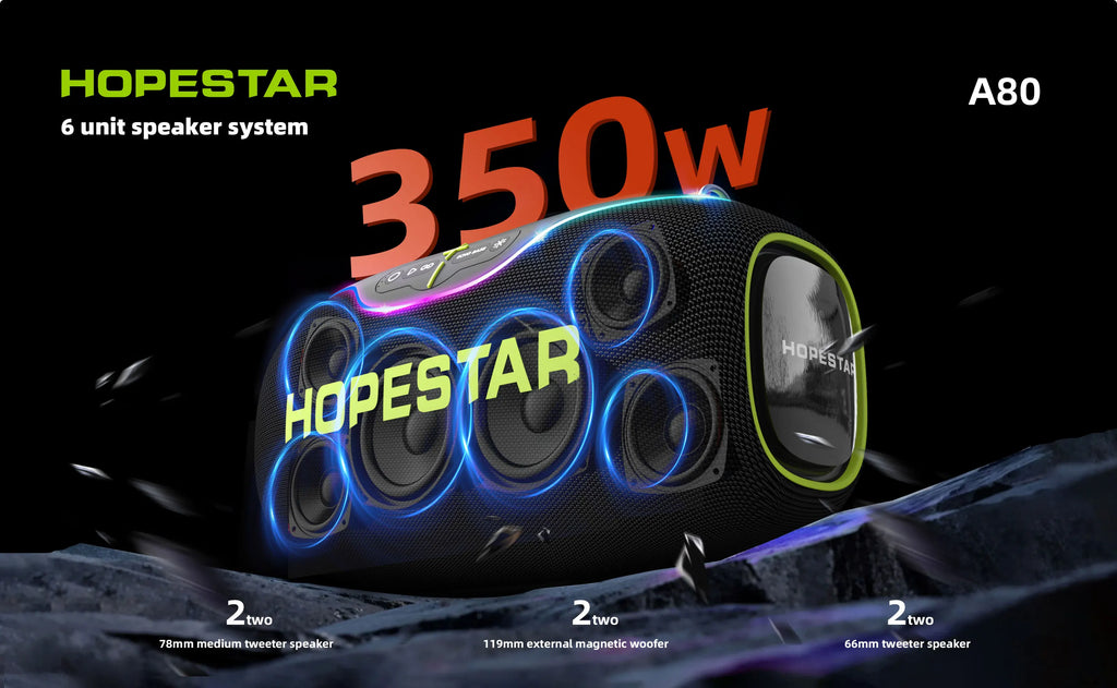BT Wireless Speaker HOPESTAR A80 350W Waterproof IPX6 6 Speakers Vibrating Diaphragm Outdoor BT USB TF CARD TWS Bass RADIO LED
