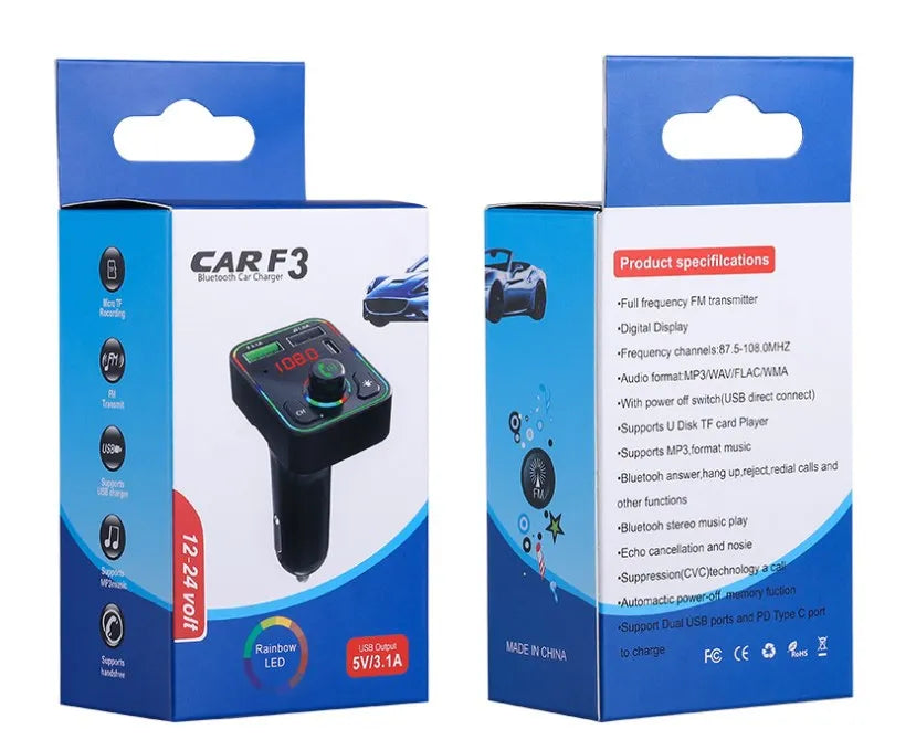 2026 New Dropshipping F3 Car BT FM Transmitter Colorful LED Backlight Hands Free Car Kit Charger TF Card MP3 Player USB C PD