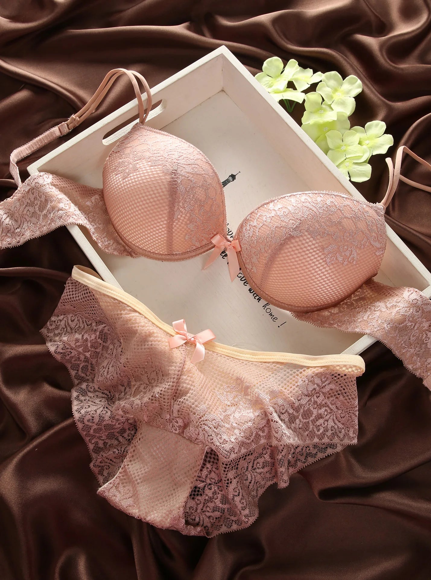 Femme Underwear Set Sexy Panties Lace Lingerie Push Up Thin 3/4 Cup Bralette Hollow Out Briefs Bra Panty Beauty Back Top Bottoms