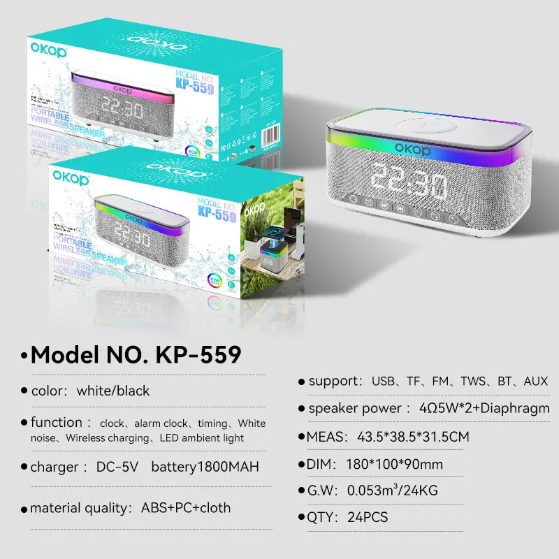 OKOP559 wholesale 15W Wireless Charging Alarm Clock RGB Ambient Light White Noise  Speaker Computer Mobile Phone home