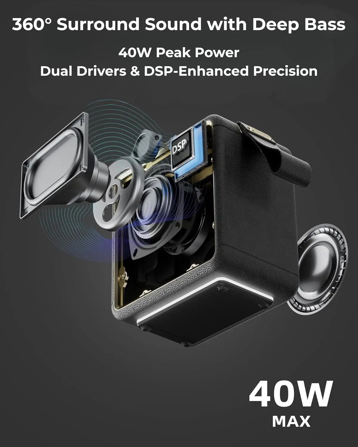 MG II Portable Bluetooth Speaker 5.3 Stereo Speaker 40W Deep Bass DSP Sound RGB Lights IPX7 Waterproof Outdoor 17H+ Playtime