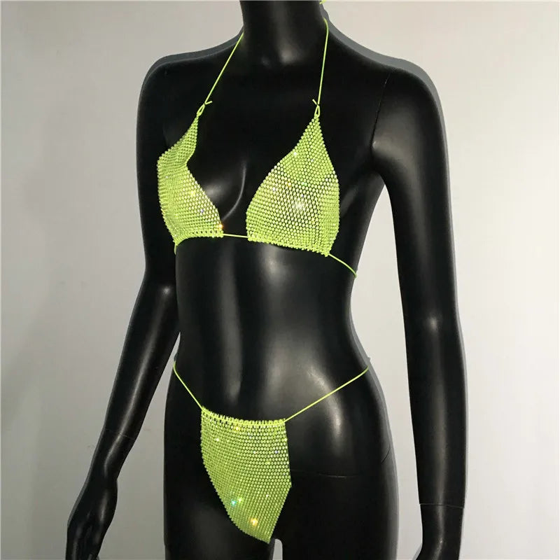 Bling Rhinestones Bra Panty Set Women Sexy Halter Bra Sexy Panty Two Piece Set Summer Beach Outfits Party Club Matching Sets