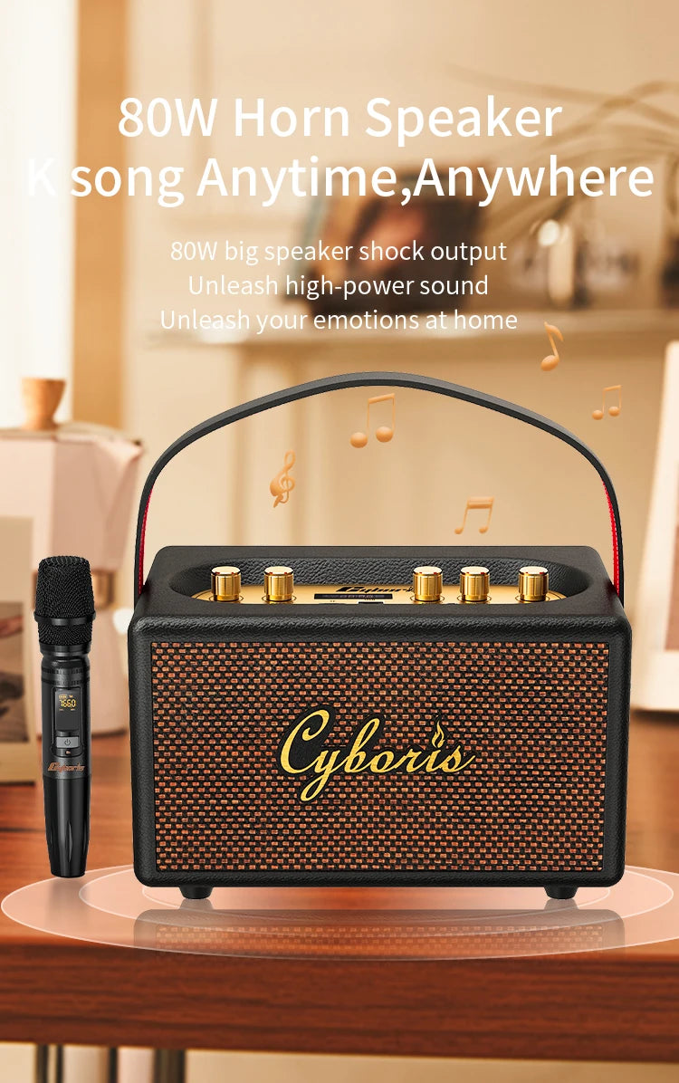 80W Karaoke Retro Speaker Powerful Portable Speaker with Bluetooth 5.3, Portable Handle, 24-Hour Playtime, for Party, Camping