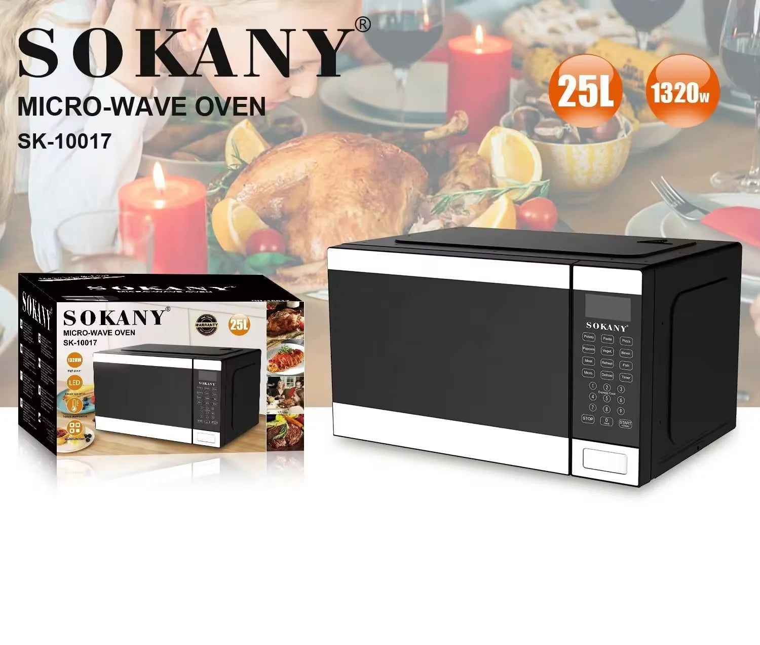 Sokany 10017 25L White Digital Microwave Oven 1100W Custom Household Appliance with Grill Electric Power Source