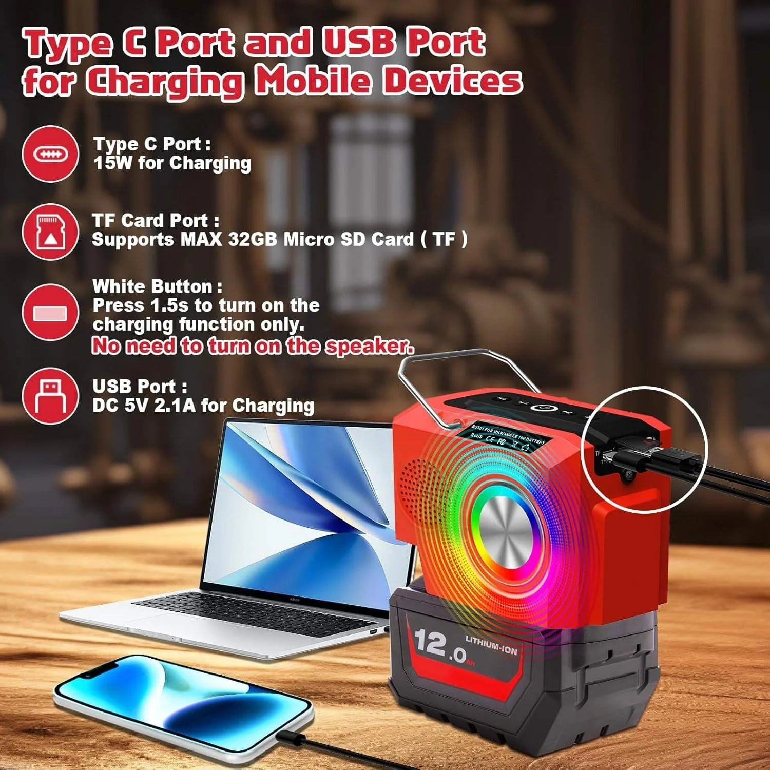 10W Bluetooth Speaker Fit for Milwaukees 18v M-18 Battery Portable Small Wireless Speaker for Camping Home and Party