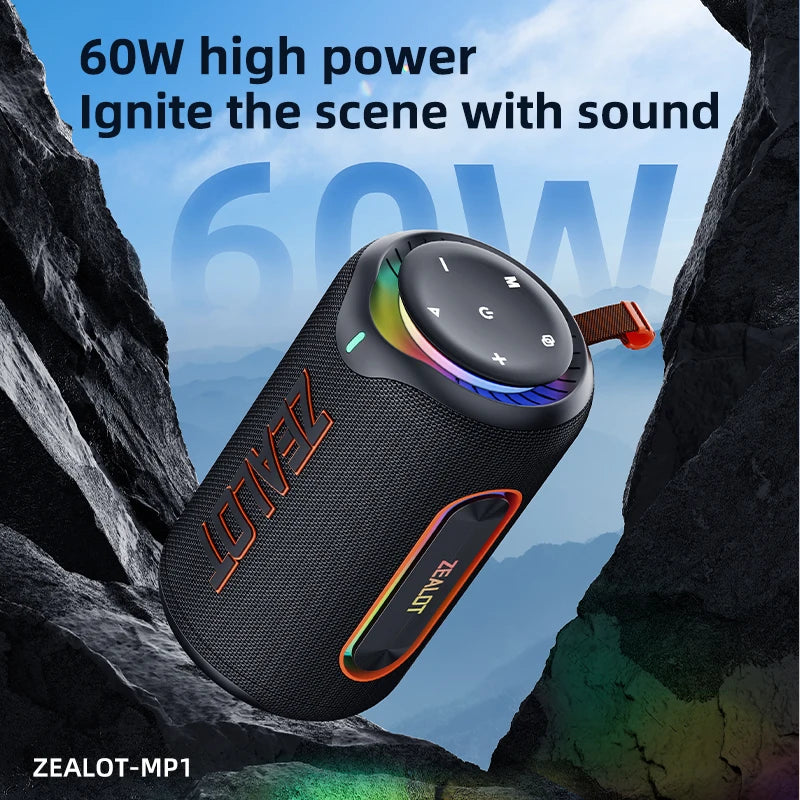 ZEALOT MP1 60W Portable Wireless Speaker, IPX6 Waterproof with RGB Lights, 8000mAh Battery, TWS Paring, TF/AUX/USB for Outdoor