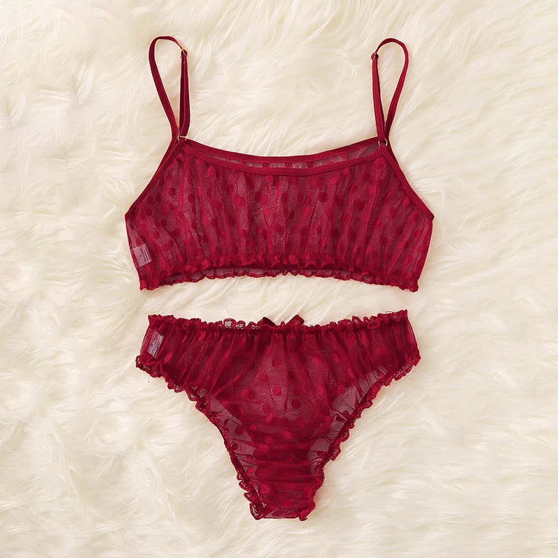 Sexy Ladies Bra sets Polka Dot Mesh Sexy Lingerie Comfortable Thin Bra and Panty set Ruffles Transparent Women's Underwear Panty