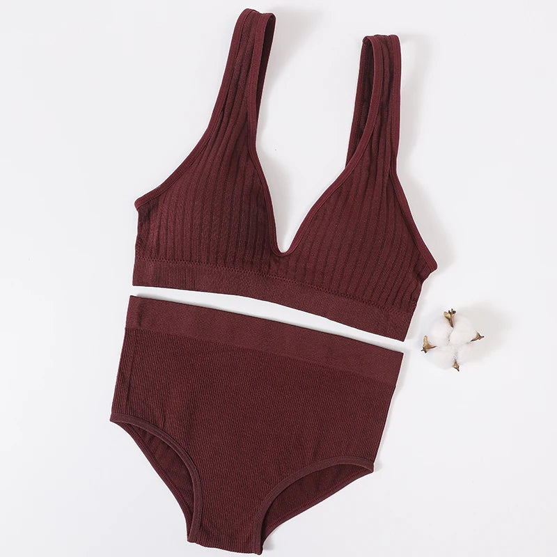 Women's Underwear Set Seamless Bra And Panties Set Female Wirefree Brassiere Sports High Waist Briefs V Neck Sexy Lingerie
