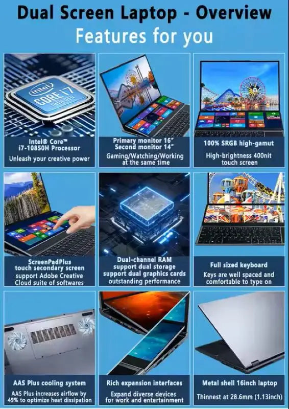 Dual Screen Gaming Laptop 16" IPS + 14'' Touch Intel Core I9-10885H Max 64GB 4TB SSD Slim Notebook Windows 11 English US/UK
