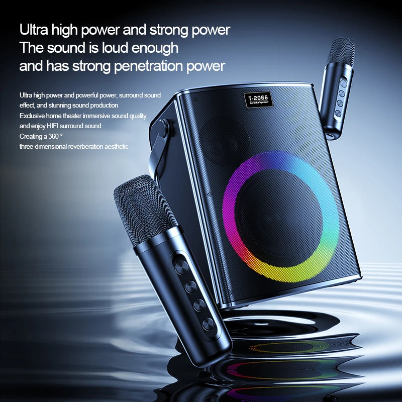 Portable Bluetooth speaker, Karaoke machine, 30W, Super LED RGB lighting effect, with 2 wireless microphones and 5 sound effects