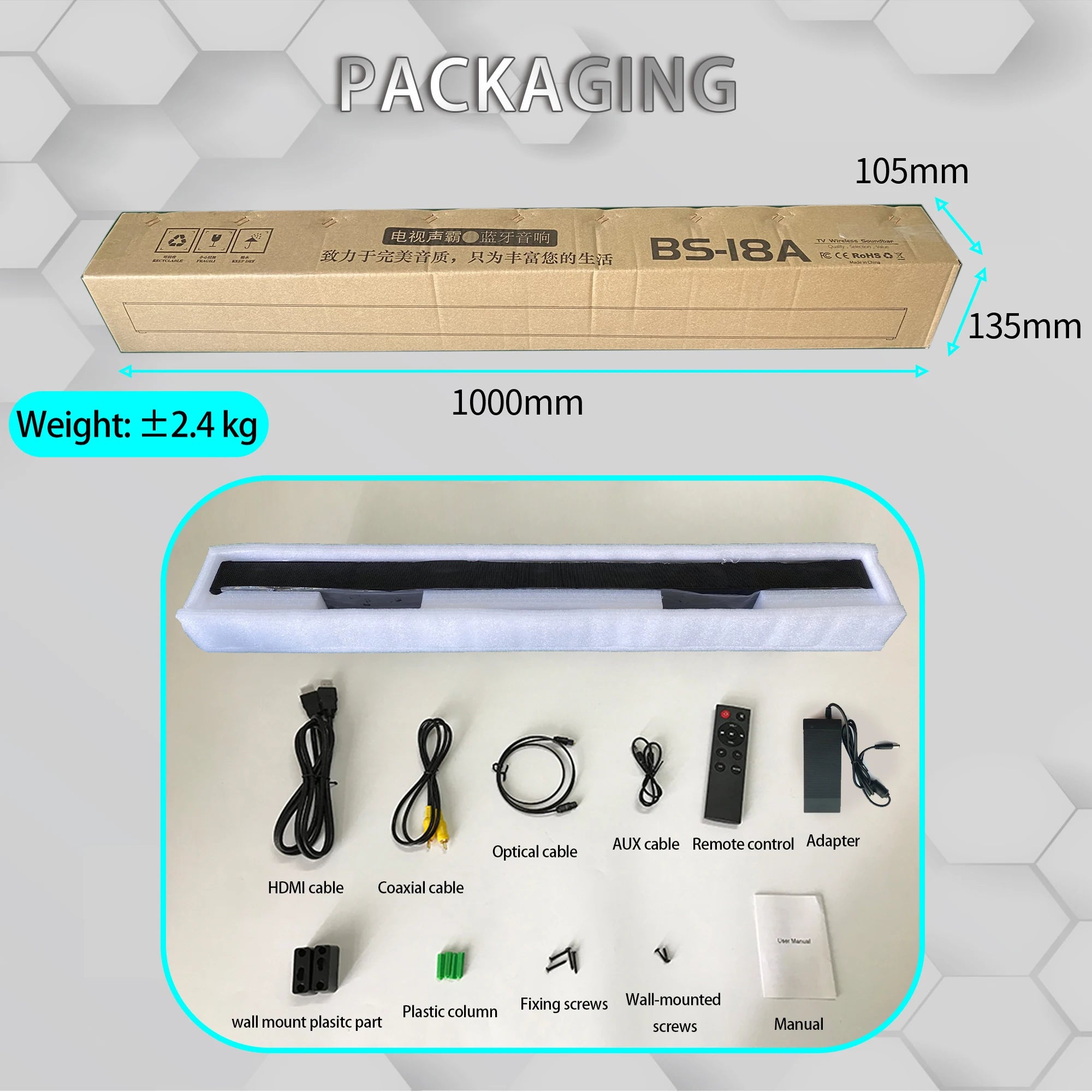 BS-18A Sound Bars for TV with FM, 54W Wireless Soundbar Speaker V5.0 Home Theater Surround Sound System TF Card/Aux/RCA