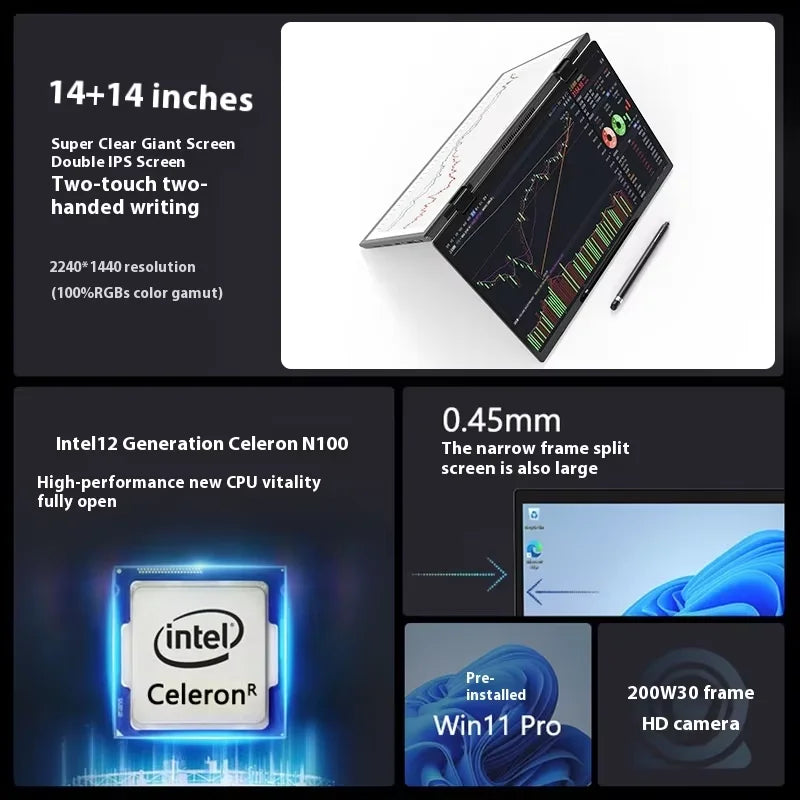2025 Hot Selling Brand New TouchYoga Professional Portable Gaming Laptop 2-in-1 14+14 Dual Touch Screens Intel Metal English
