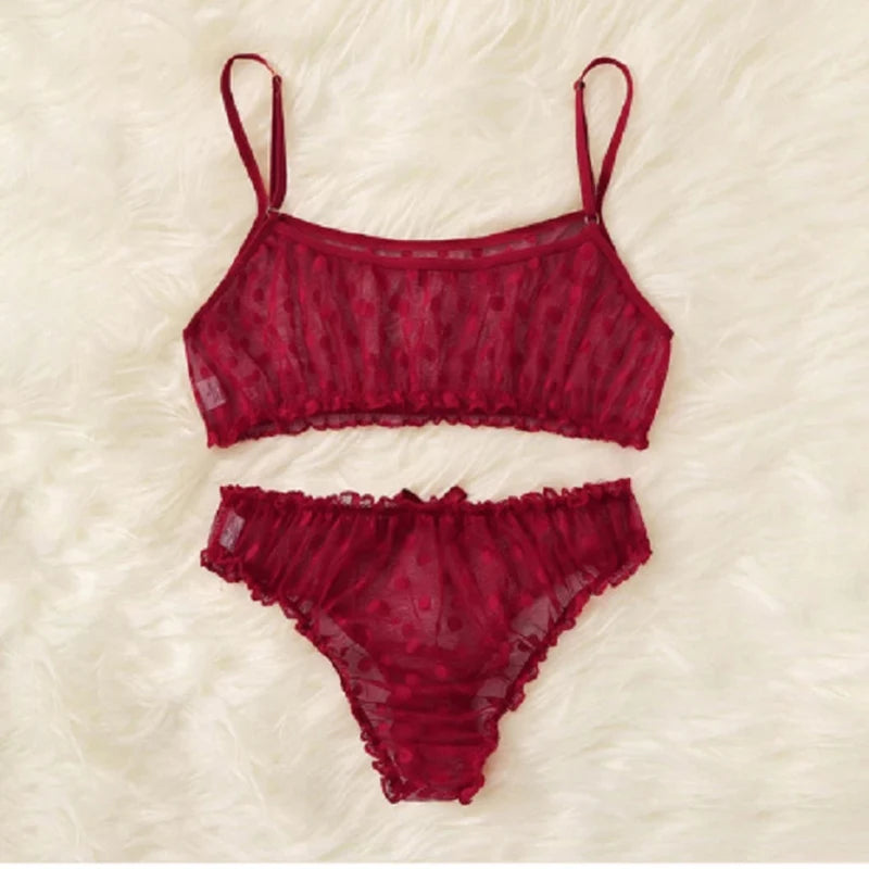 Sexy Ladies Bra sets Polka Dot Mesh Sexy Lingerie Comfortable Thin Bra and Panty set Ruffles Transparent Women's Underwear Panty