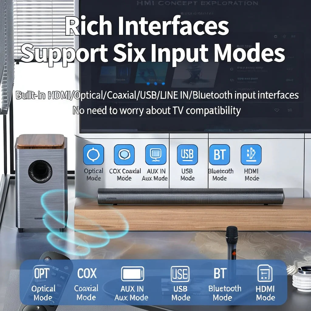 High Fidelity Wooden Subwoofer Audio System HDMI ARC Bluetooth 5.3 Soundbar with 4 EQ Modes 3D Surround Sound Speaker