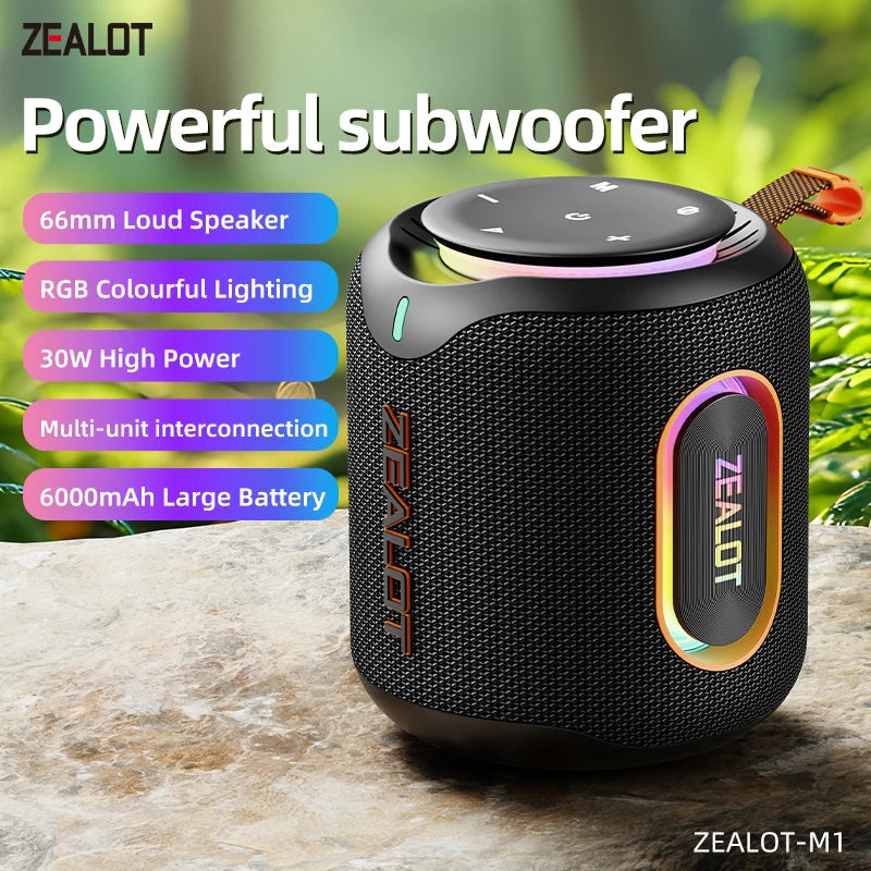 ZEALOT M1 30W Portable Speaker Deep Bass Colorful RGB Lights, IPX6 Waterproof, TWS Pairing for Outdoor/Party/Travel, Gift Ideas