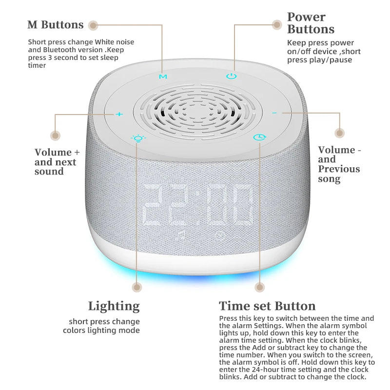 2-in-1 Bluetooth Speaker Alarm Clock White Noise Speaker Designed to Improve Sleep Quality, Soothe and Relax the Mind