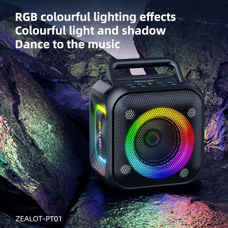 ZEALOT PT01 30W Portable Speaker with Lights Stereo Sound IPX6 Waterproof Speaker with Handle for Home, Party, Outdoor, Travel