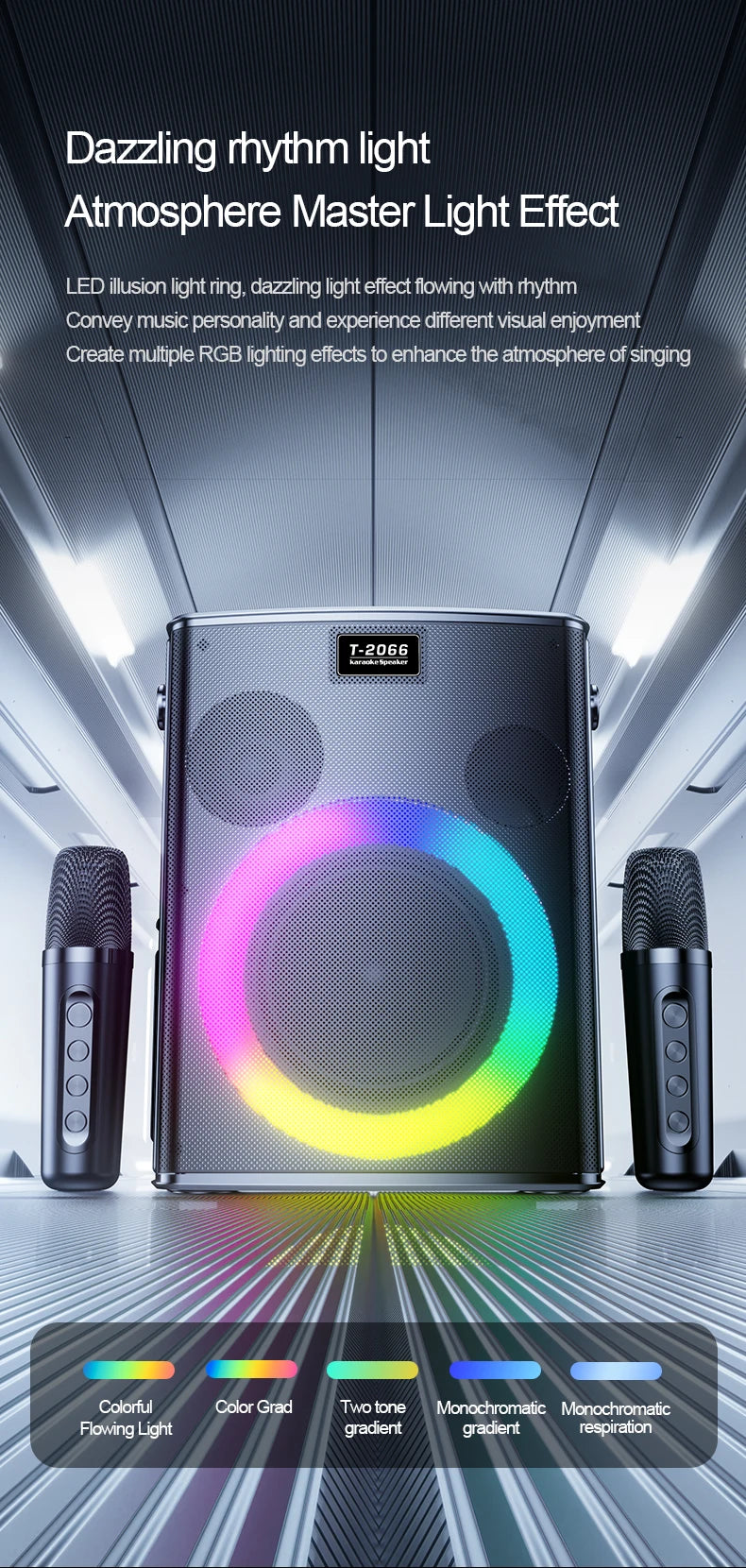 Portable Bluetooth speaker, Karaoke machine, 30W, Super LED RGB lighting effect, with 2 wireless microphones and 5 sound effects