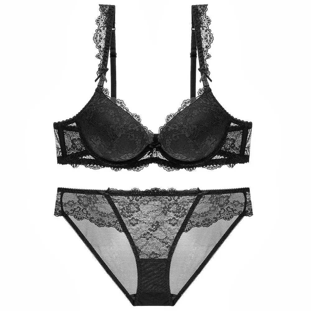 Fashion Red Lace Bra And Panty Sets For Women Thick Cotton Underwire Push Up Bras Underwear Female Sexy Lingerie Set A B C Cup