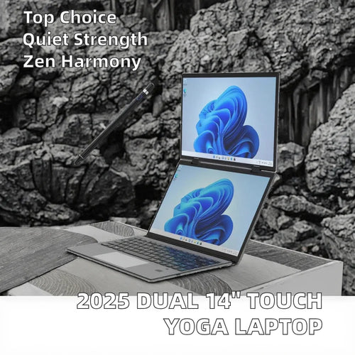 2025 New 14.1"+14.1" Dual Touch Screen Metal Yoga Laptop Intel Celeron N100 Win 11 Pro Business Office Education IPS 360 Flip