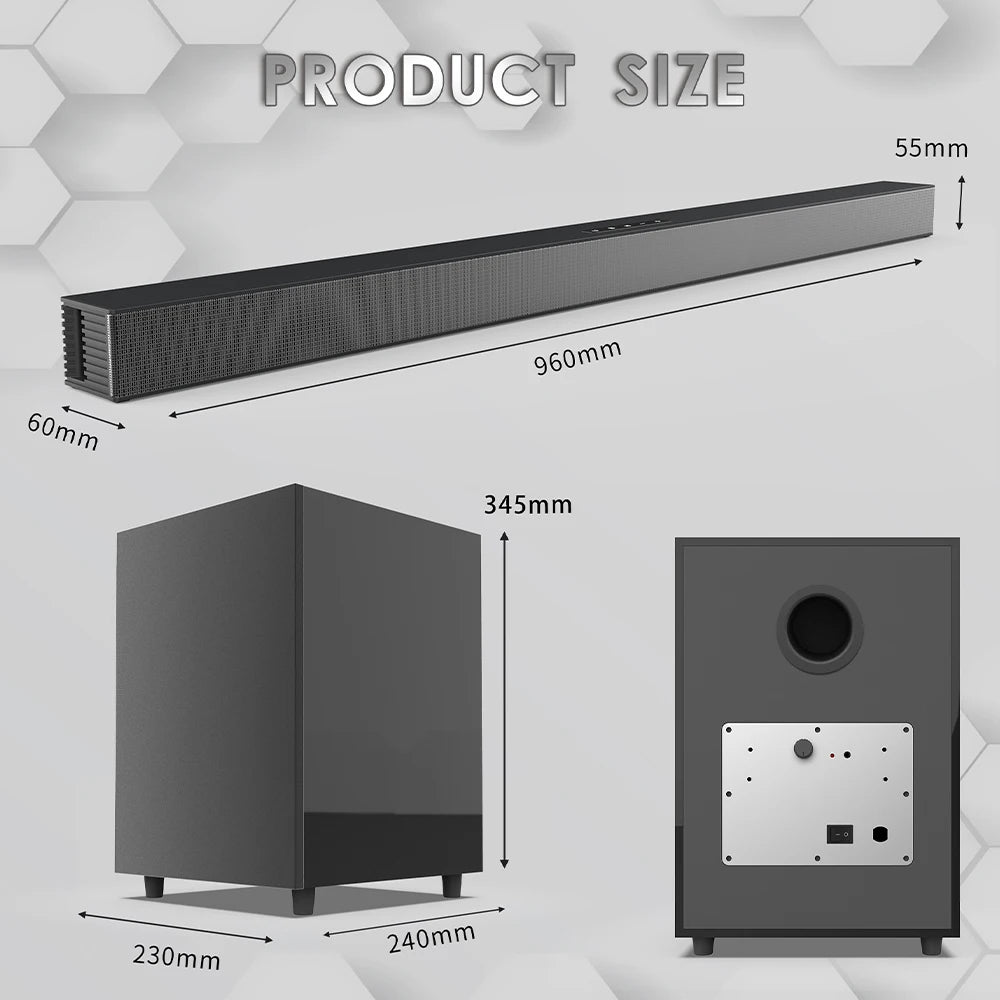 84W TV Wireless Sound Bar with Wireless Subwoofer Box Soundbar 2.1Home Theater Surround Sound System Aux/USB/Optical/Coaxial/RCA