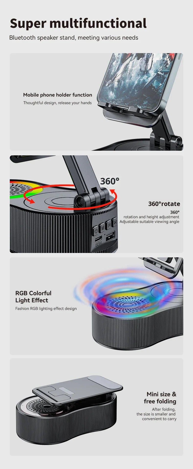 New 5 1 RGB Light Wireless for Speaker Bank 5W Output Built-in Microphone Outdoor Stand Phone Holder for Mobile Phone