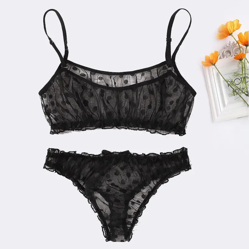 Sexy Ladies Bra sets Polka Dot Mesh Sexy Lingerie Comfortable Thin Bra and Panty set Ruffles Transparent Women's Underwear Panty