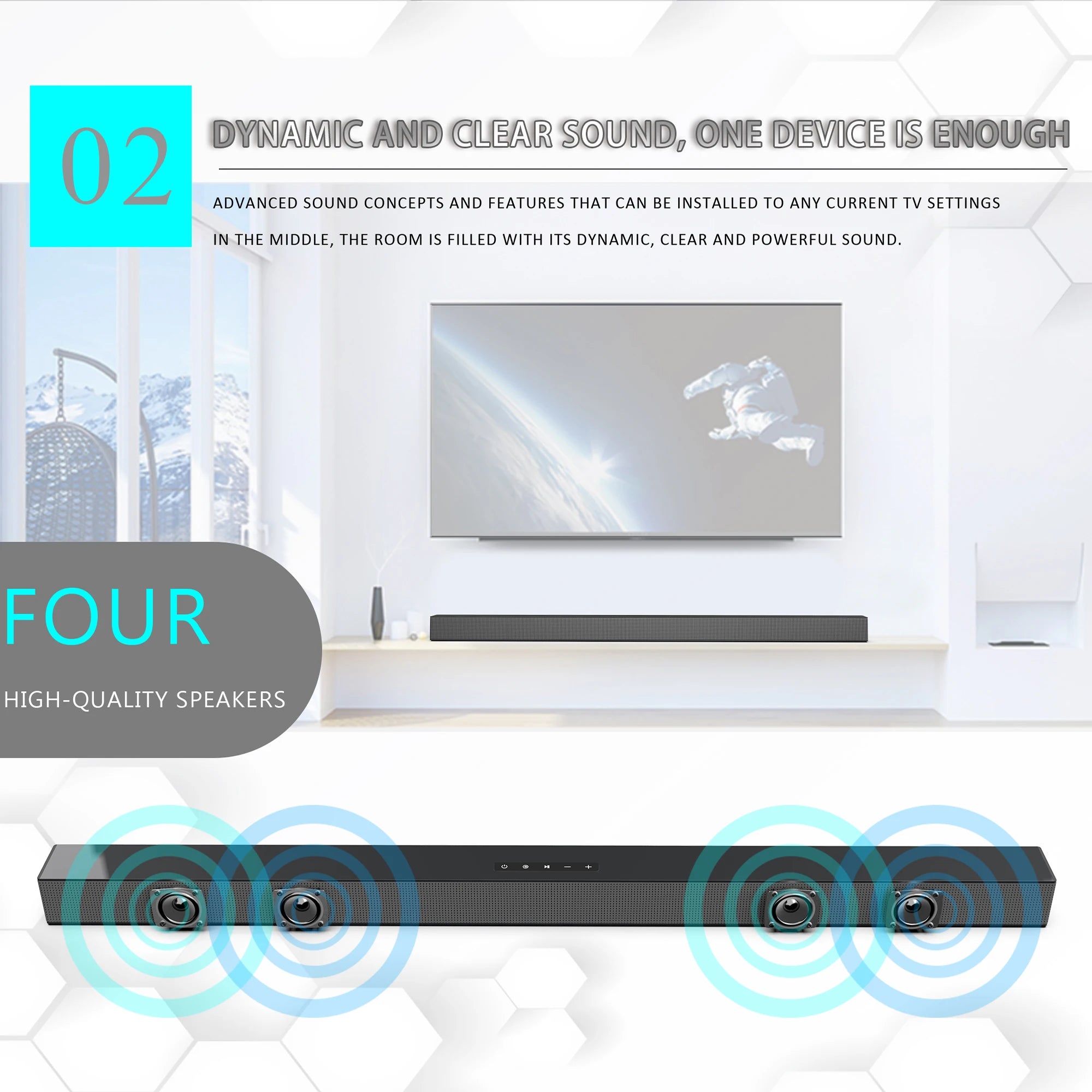 BS-18A Sound Bars for TV with FM, 54W Wireless Soundbar Speaker V5.0 Home Theater Surround Sound System TF Card/Aux/RCA