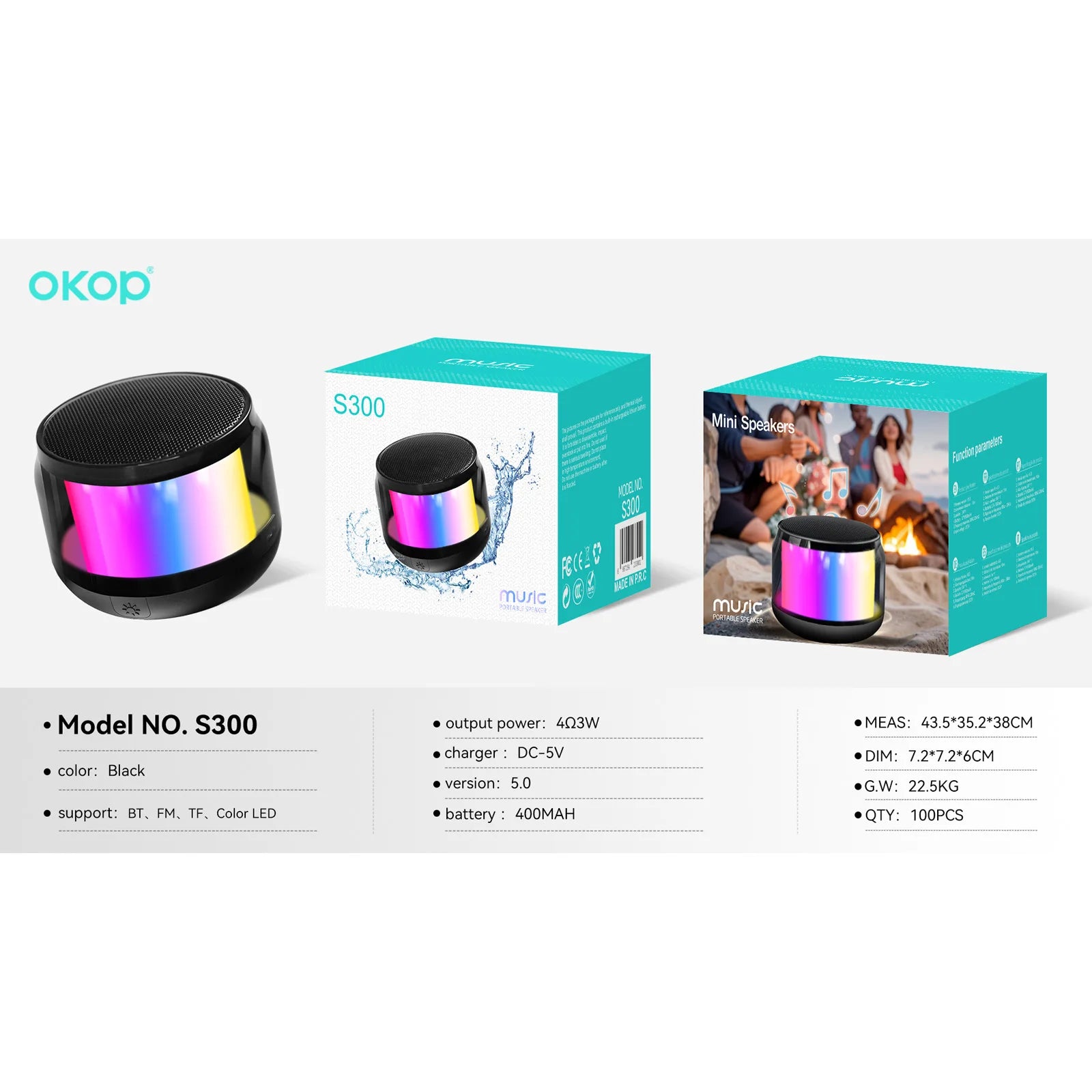 OKOPS300 Mini Portable Sci-Fi LED Lighting Multi-functional Subwoofer Wireless for Speaker IPX9 Computer Mobile Phone