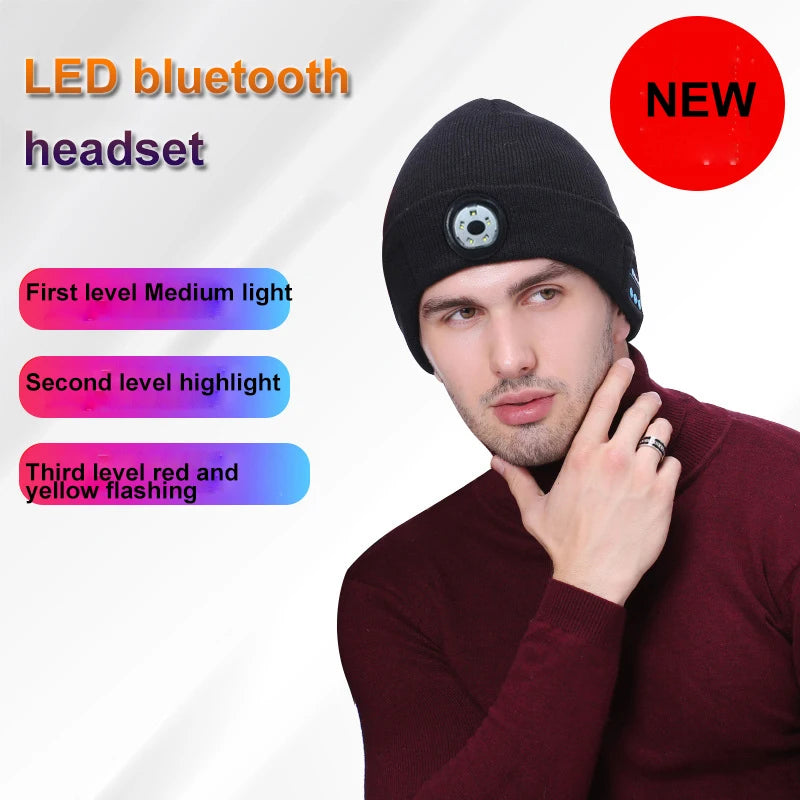 Warm Beanie Bluetooth 5.0 LED Hat Wireless Stereo Headset Music Player with MIC for Handsfree Support Dimming Rechargeable