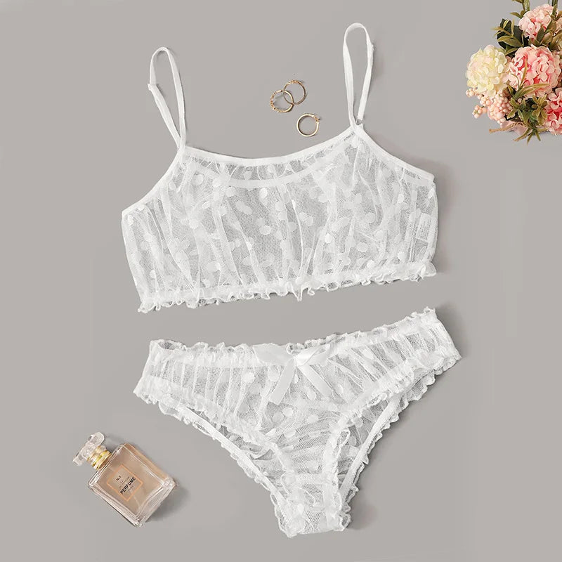 Sexy Ladies Bra sets Polka Dot Mesh Sexy Lingerie Comfortable Thin Bra and Panty set Ruffles Transparent Women's Underwear Panty