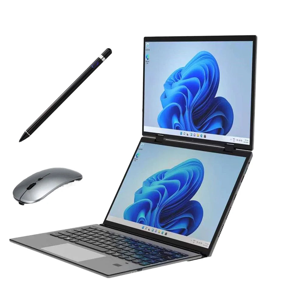 2025 New 14.1"+14.1" Dual Touch Screen Metal Yoga Laptop Intel Celeron N100 Win 11 Pro Business Office Education IPS 360 Flip