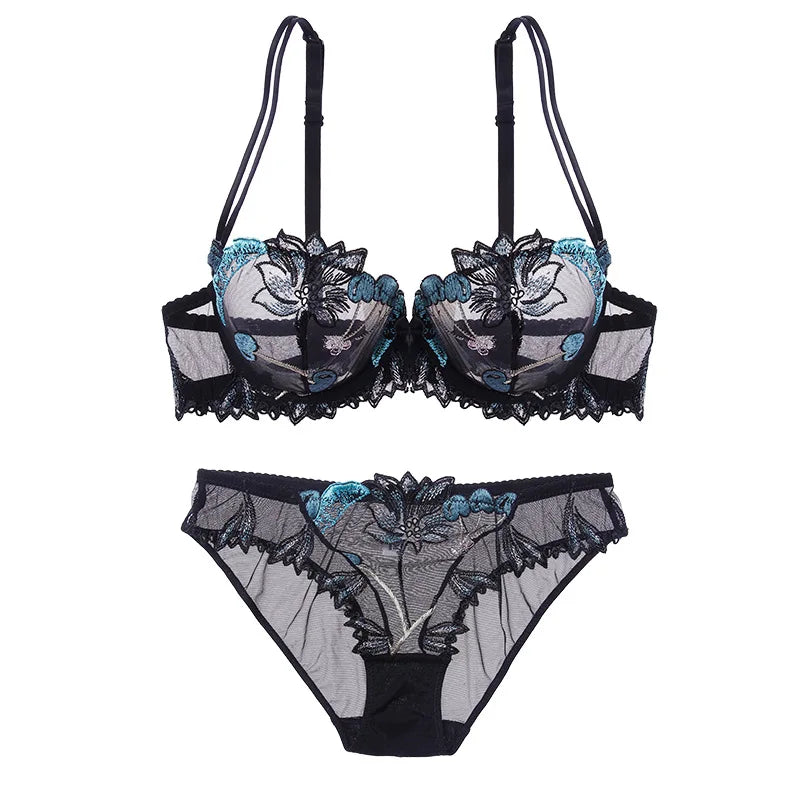 Women Sexy Bra And Panty No Padded Invisible Underwire Bra Sets Lace Embroidered Briefs Underwear Lingerie Set Plus Size 90D