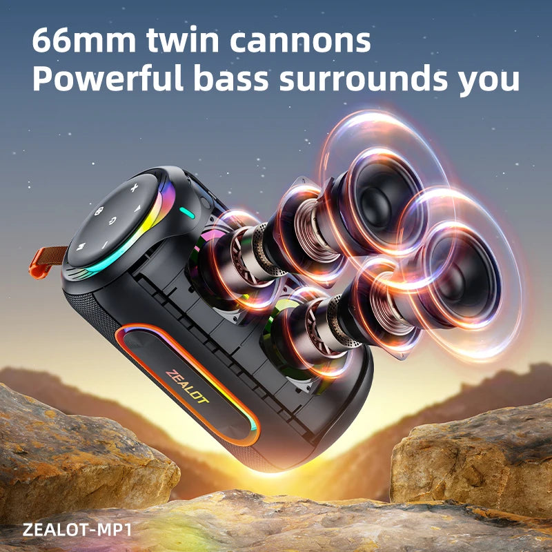 ZEALOT MP1 60W Portable Wireless Speaker, IPX6 Waterproof with RGB Lights, 8000mAh Battery, TWS Paring, TF/AUX/USB for Outdoor