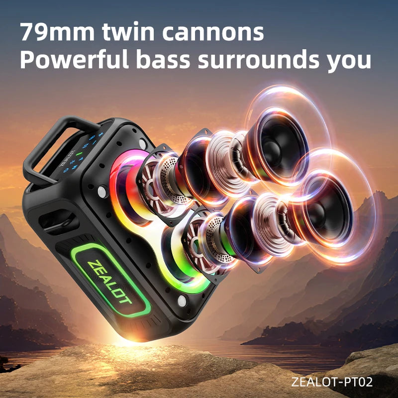 Zealot PT02 60W Portable RGB LED Wireless Speaker 8000mAh Battery for 5.3 IPX6 Waterproof for Outdoor Karaoke Computer Use